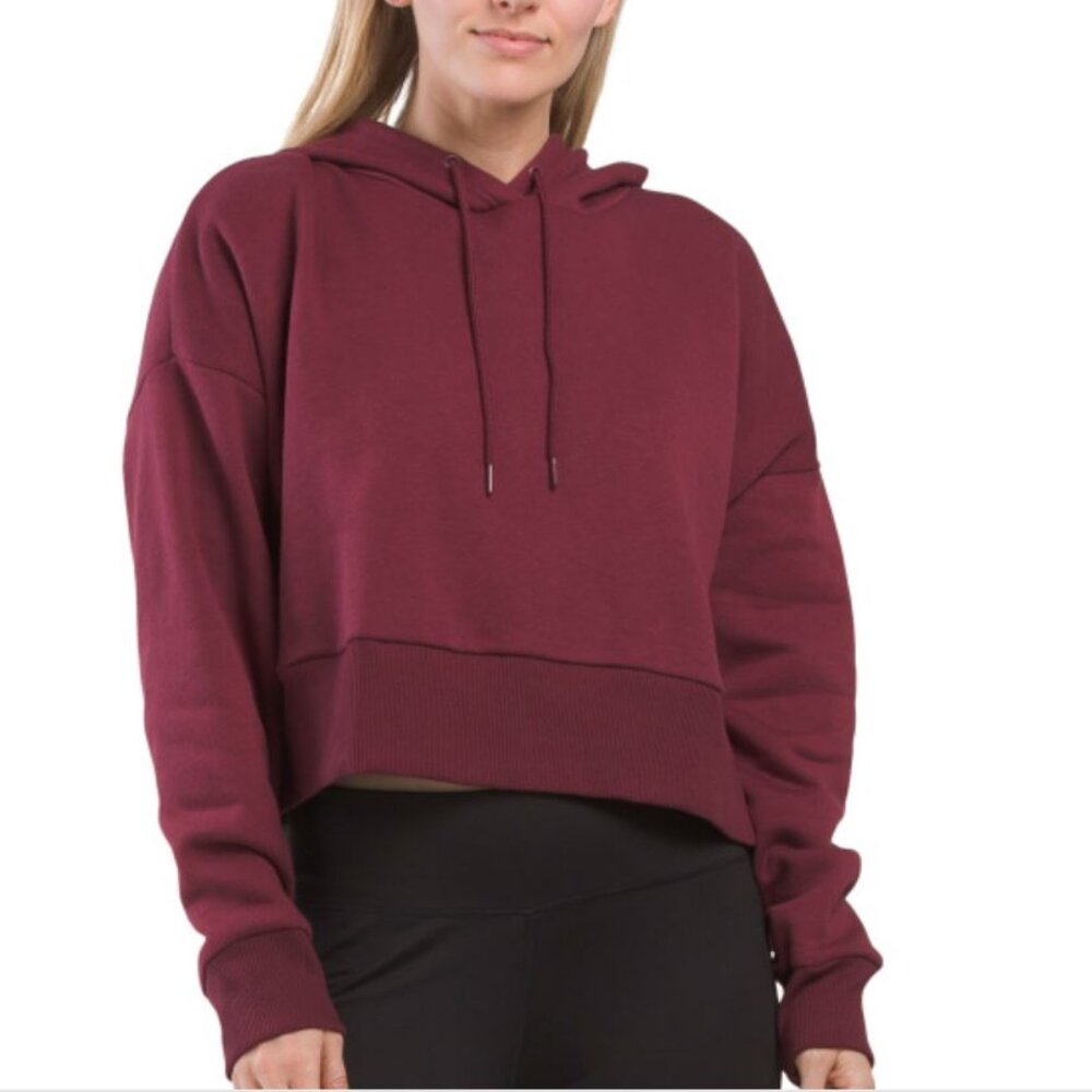 NWT 90 DEGREE BY REFLEX Solid Wine/Burgandy Cropped Hooded Pull Over Sweatshirt